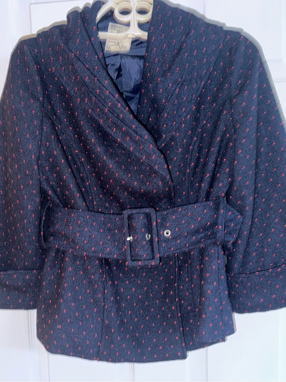 Tulle Navy Blue & Red Polka Dot Belted Wool Blend Peplum Coat
